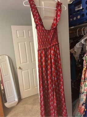 Boden Red Floral Smocked Maxi Dress with Ruffled Straps